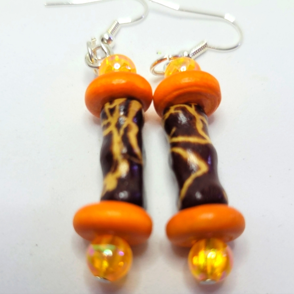 Brown and Orange wood bead earrings